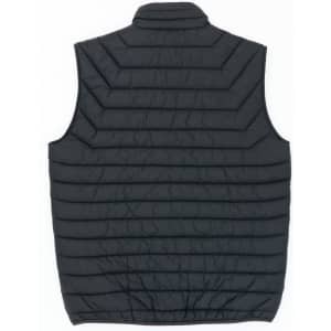 A black puffer vest with a quilted pattern, featuring no sleeves and a high collar. The back is smooth and textured.