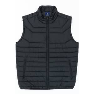 A black puffer vest featuring a high collar, zip front, and two side pockets, with a logo on the inside.
