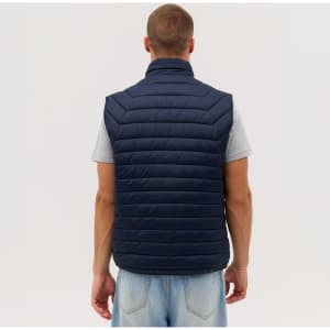 A navy puffer vest with a high collar and quilted design, displayed from the back.