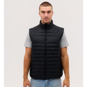 A black puffer vest with a high collar, featuring a quilted design, displayed on a model.