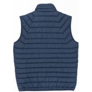 A navy blue puffer vest with a quilted design and no sleeves, featuring a stand-up collar.