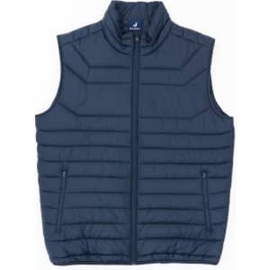 A navy blue puffer vest with a high collar, featuring a front zip and two side pockets. It has a logo at the top.