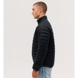 A black puffer jacket displayed on a model, featuring a high collar and quilted design. The model is facing sideways.