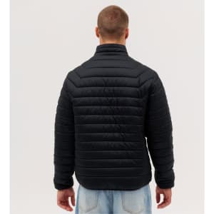 A black puffer jacket displayed from the back, highlighting its quilted texture and high collar design.