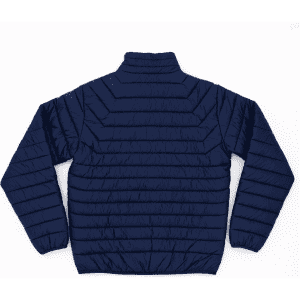 A navy blue puffer jacket with a quilted design and high collar, featuring a logo on the upper back.