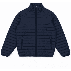 A navy blue puffer jacket with a zip front and two side pockets, featuring a logo on the collar.