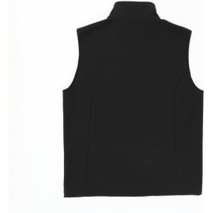 A black softshell vest with a high collar, featuring a logo on the back.
