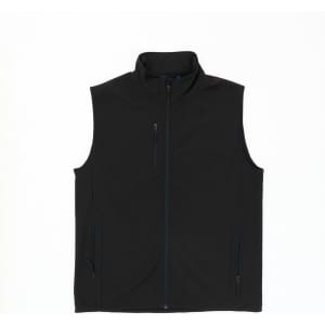 A black softshell vest with a high collar and three zippered pockets. Features a logo on the chest area.