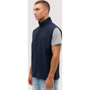 A navy blue softshell vest with a zippered front and high collar, displayed on a model.