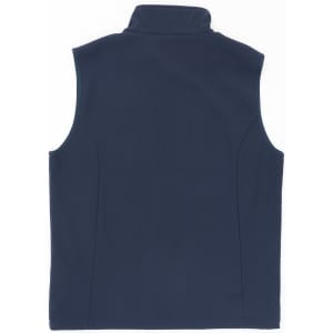 A navy blue softshell vest with a high collar and no sleeves. It features a branding logo.