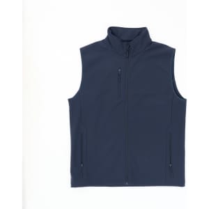 A navy blue softshell vest with a high collar and multiple zip pockets, featuring a logo.