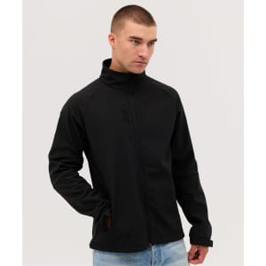 A black softshell jacket with a zippered front and a high collar, worn by a model.