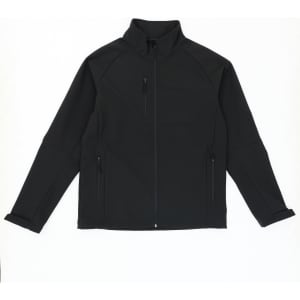 A black softshell jacket with a full zip, high collar, and two zippered pockets featuring a logo.