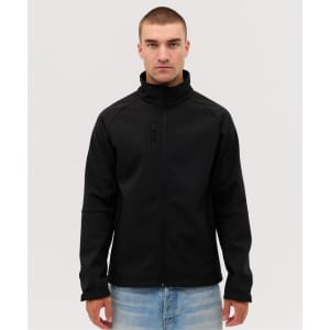 A black softshell jacket with a high collar, featuring a zip pocket and a fitted design.