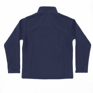 A navy softshell jacket with a high collar and long sleeves, featuring a logo on the back.