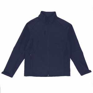 A navy softshell jacket with a high collar and multiple zippered pockets, featuring a logo.