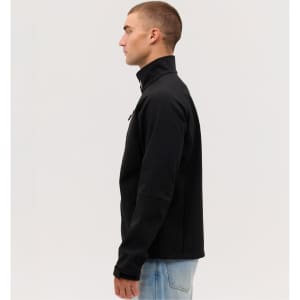 A black softshell jacket with a high collar, displayed from the side view, featuring a logo.