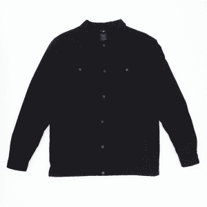 A black jacket with a button-up front and a collar, featuring a logo on the label inside.
