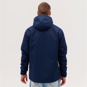 A navy utility jacket with a hood, viewed from the back, featuring a simple design and no visible logos.