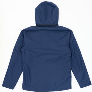 A utility jacket in navy blue, featuring a hood and a simple back design. It has a logo on the sleeve.
