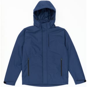A utility jacket in navy blue with a hood and zippered pockets, featuring a branding logo.