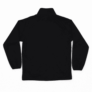 A black jacket with long sleeves and a high collar, featuring a logo on the back.