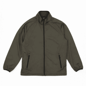 A Summit Bonded Jacket in olive green with a zip front and zippered side pockets, featuring a collar and elastic cuffs.