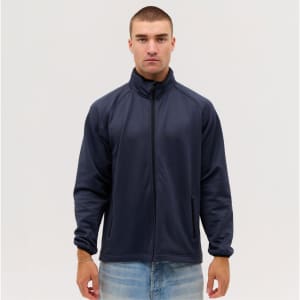 A navy bonded jacket with a front zip and a high collar, featuring side pockets and a subtle logo.