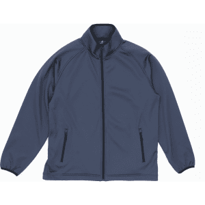 A navy blue bonded jacket with a high collar and side zip pockets, featuring a logo on the chest.