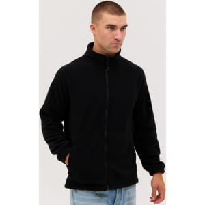 A black polar fleece full zip jacket with a high collar, featuring a zip front and long sleeves.