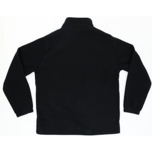 A black polar fleece full zip jacket featuring a collar and long sleeves. It has a logo on the back.