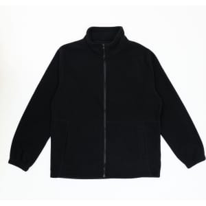 A black fleece jacket with a full zip and high collar, featuring two side pockets and a logo.