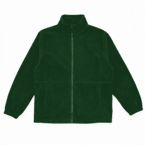 A full zip jacket made of polar fleece in a deep green colour, featuring side pockets and a high collar.