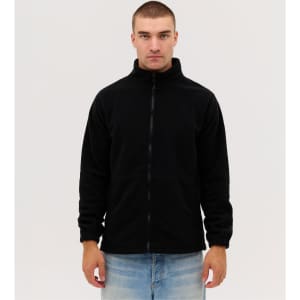 A black polar fleece full zip jacket displayed on a model, featuring a high collar and front zipper.