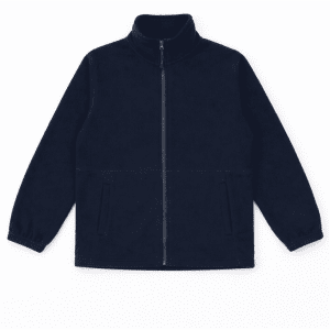 A navy blue full zip polar fleece jacket with a high collar and front pockets, featuring a logo.