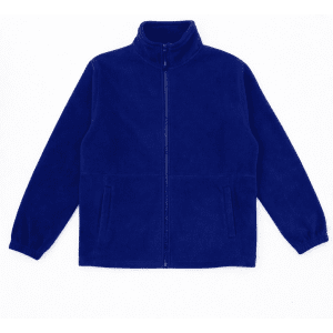 A navy blue polar fleece full zip jacket with side pockets and a stand-up collar. It features a logo on the chest.