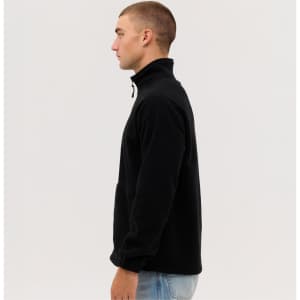 A black polar fleece full zip jacket displayed on a model. Features a high collar and a side view.