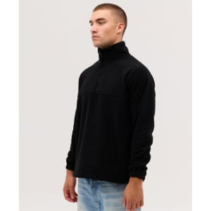 A side view of a black quarter-zip polar fleece top, featuring a stand-up collar and long sleeves.