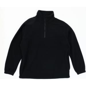A black fleece jumper with a quarter zip and long sleeves; features a logo on the front.