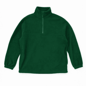 A green polar fleece 1/4 zip pullover featuring long sleeves and a high collar. It includes a small logo.