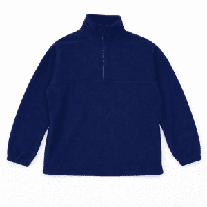 A navy blue fleece pullover with a quarter zip and long sleeves, featuring a branding logo.