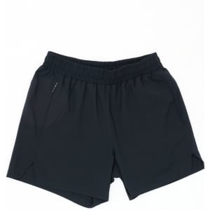Black running shorts with an elastic waistband and side pockets, featuring a logo on one side.