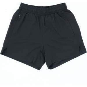 A pair of black running shorts featuring a drawstring waistband and side pockets, with a logo present.