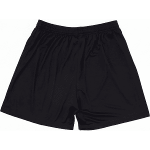 Black athletic shorts with an elastic waistband, featuring a logo on the side.