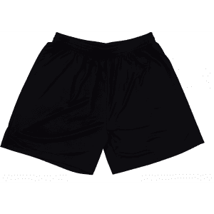 Black shorts with an elastic waistband, featuring a simple design and a logo on one side.