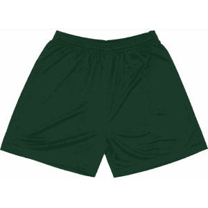 A pair of dark green shorts with an elastic waistband, featuring a smooth fabric texture.