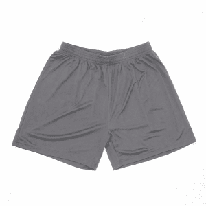 Grey shorts made from lightweight fabric, featuring an elastic waistband and a logo.