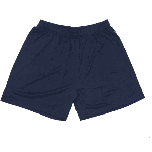 A pair of navy blue shorts with an elastic waistband and draped fabric. The shorts feature a logo on one side.