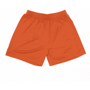 An orange pair of shorts with an elastic waistband and a loose fit, featuring a logo.
