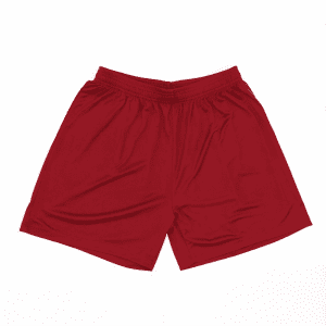 Red athletic shorts with an elastic waistband, featuring a smooth fabric and no visible logos.